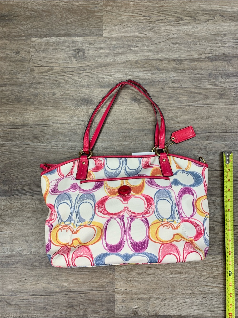 Coach Multicolor Signature Canvas Shoulder Tote with Pink Trim